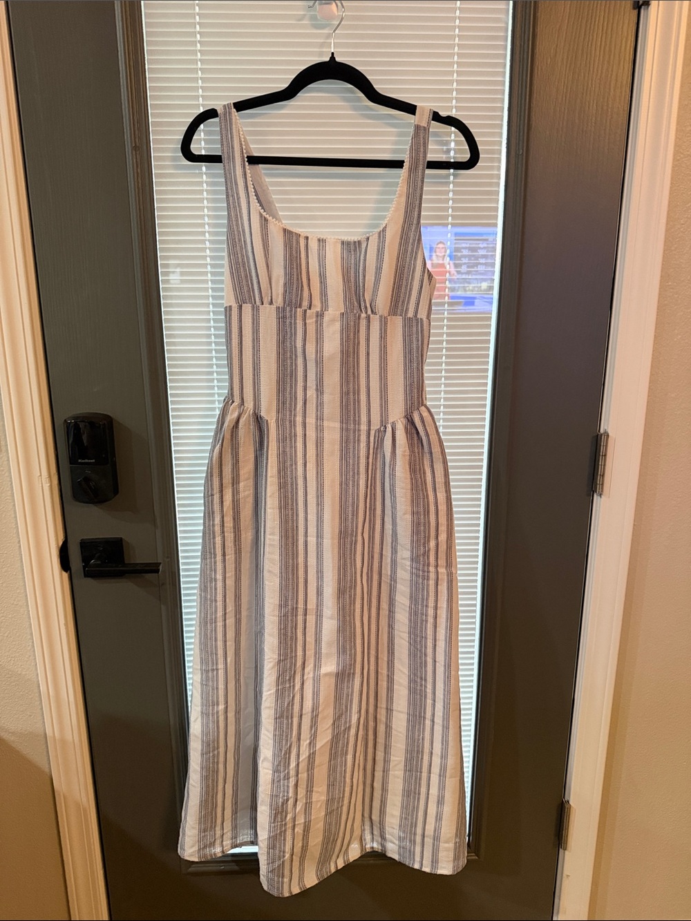 Commense Blue and White Striped Sleeveless Midi Dress